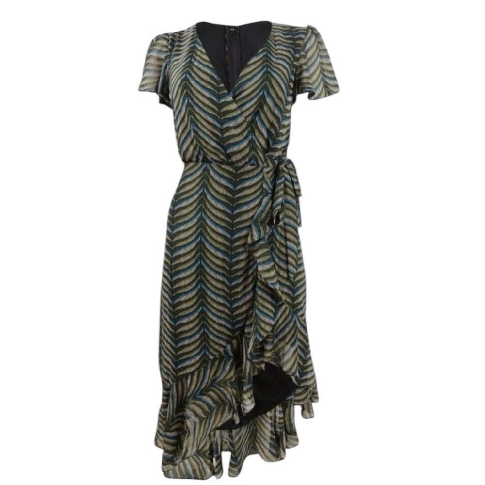 City Studio Short Sleeve Cross Over Green Black Gold Dress Chiffon Size 10 NEW